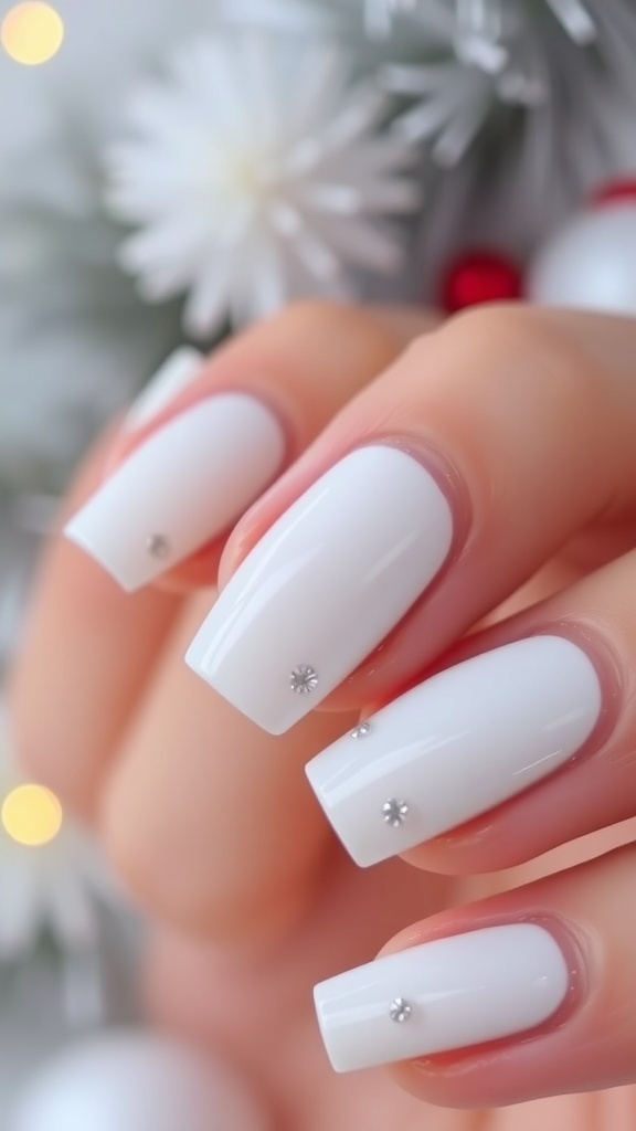 Elegant short white Christmas nails with silver glitter accents.